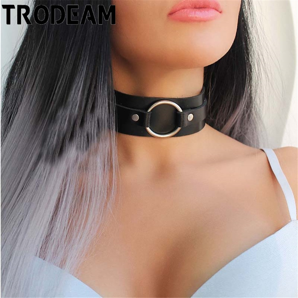 TRODEAM PU Leather Harness Bdsm Fetish Bondage Sexy Neck Collars Women Neck Chokers Fetish Ring Slave Round Neck Ring Harness