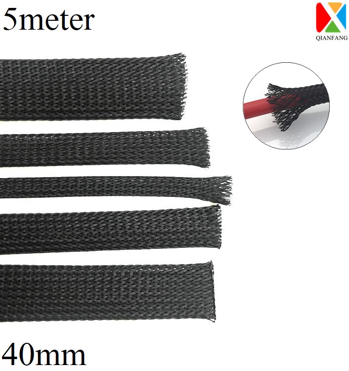 5M Braided Cable Sleeve 40mm Expandable PET Wire Wrap Nylon Tight High Density Sheath Protection Insulated Line Harness Black