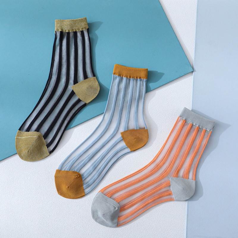 New Fashion Striped Jacquard Crystal Transparent Socks Women Summer Japanese Ultra-thin Cool Short Silk Socks Girls Skarpetki