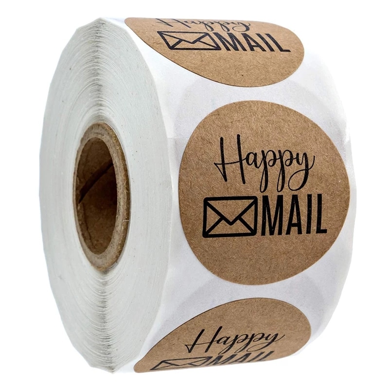 500Pcs/Roll Natural Kraft Paper Happy Mail Stickers 1 Inch Scrapbooking Envelope Seal Label Gift Decoration Stationery Stickers