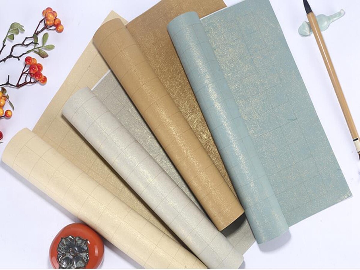 5pc Grid Liu Jin Batik Four -foot Half-Raw Half-Ripe Brush Ink Calligraphy Exhibition Paper 34x138cm