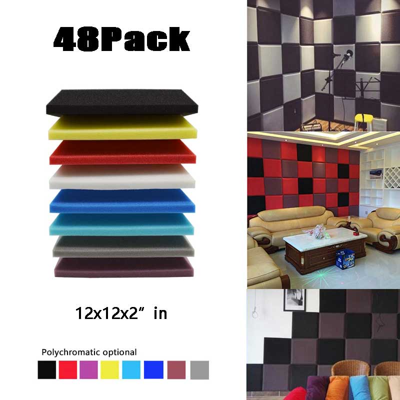 48Pack High Density Square Plate Acoustic Foam Soundproof Panel Studio Sound Isolation Treatment Sound Absorption Tiles 12x2&quo
