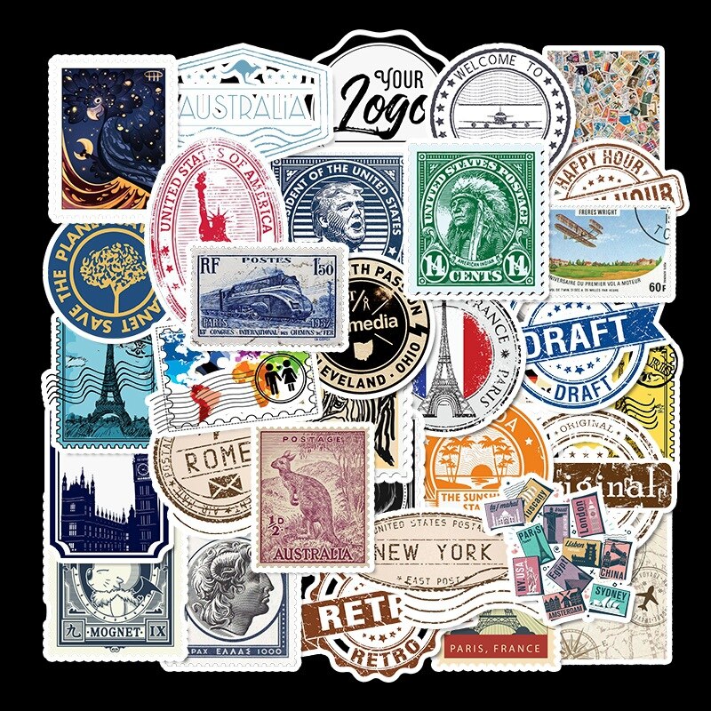 50Pcs Vinyl Vintage Stamp Stickers Retro Travel Stickers Suitcase Sticker Decals Toys for Laptop Car Luggage Water Bottle Phone