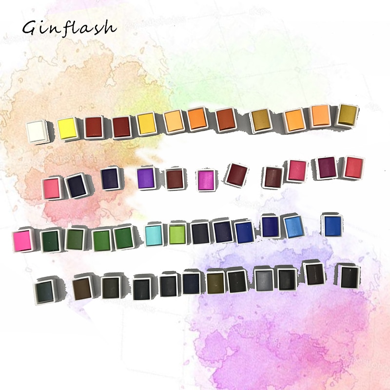 Ginflash 12/24/48colors Solid Pigment Watercolor Paints Set Water Color Portable Brush Pen Sponge Painting Art Supplies