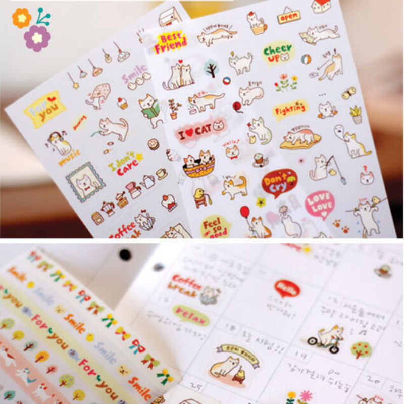 6 Sheets New Cartoon Kawaii Paper Scrapbooking Cat Stickers Girl Gift Cute Korean Stationery Sticky phone Stickers