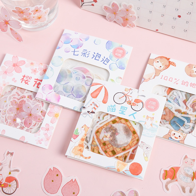 40 pcs/ Bag Golden Stamping Girl Sakura Cake Diary Decorative Stickers DIY Sealing Paste Stick Label