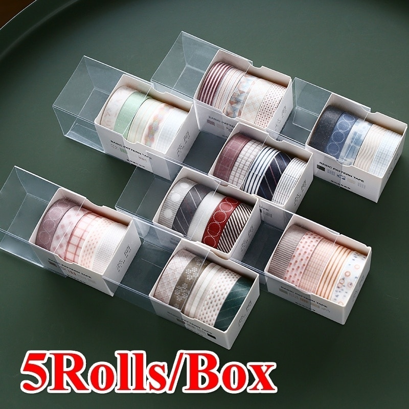 5 Rolls / Box 8 Types Solid Color Basic Graphics Series Washi Tape Tearable Diary Hand Account Practical Function Decorative