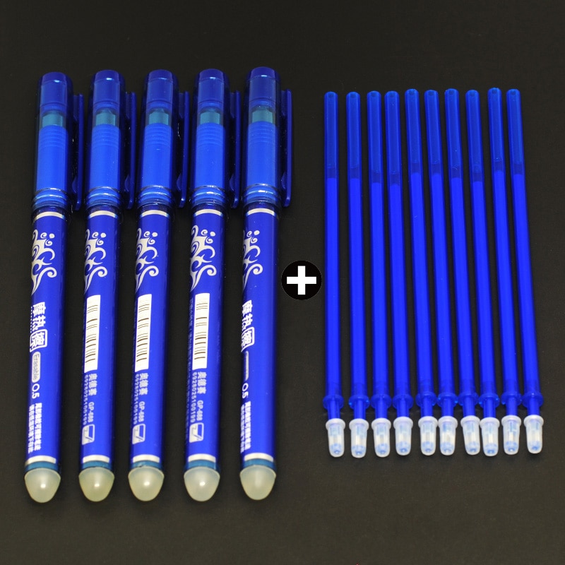 5pcs Erasable Pen + 10pcs Erasable Refill 0.5mm Blue Black Ink Writing Gel Pens Washable School Office Stationery Supplies