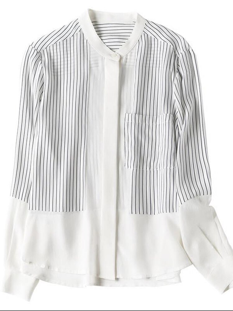 White and Black Striped Chiffon Patchwork Women Shirts 2022 Summer New Lantern Sleeved Loose Lady Shirts Outwear Tops