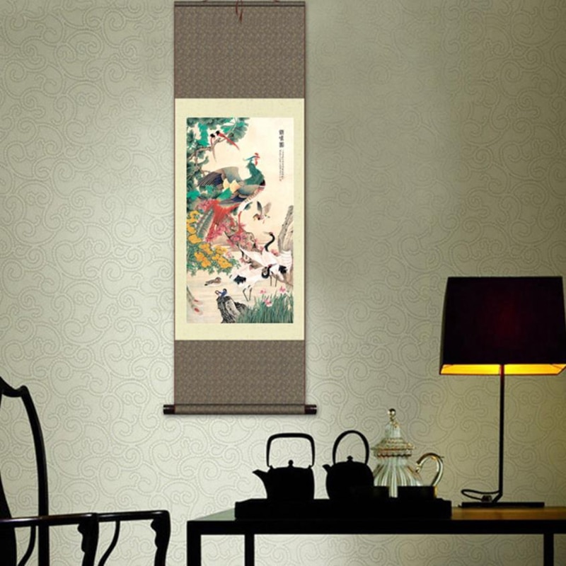 1pc Quality Traditional Home/Office Decoration Chinese Silk Scroll Peacock Crane Gongbi Painting S151