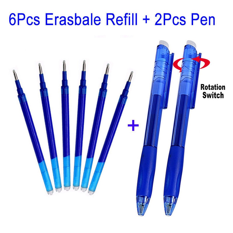 6+2Pcs/Set 0.7MM Erasable Gel Pen Refill Rods School Office Accessories Blue Black Red Color Writing Stationery Washable Handle