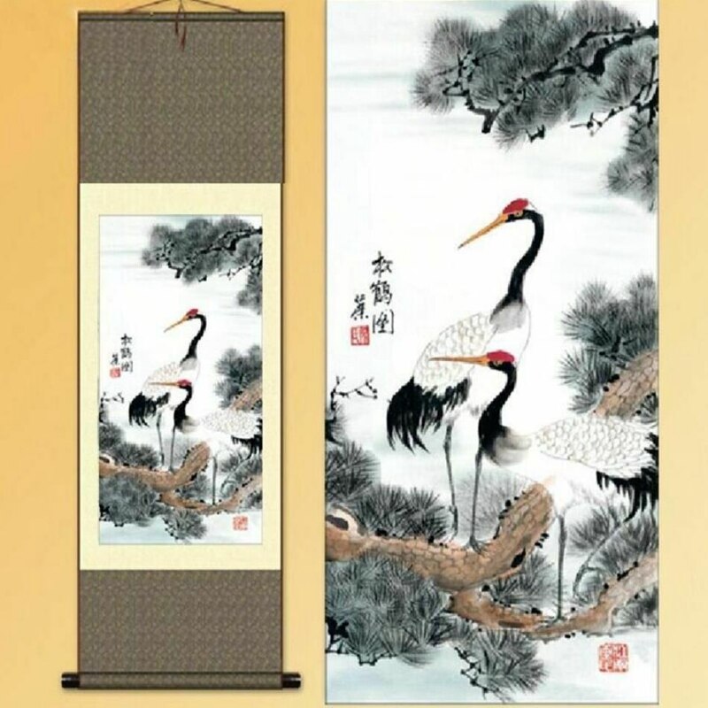 1pc 1pc Chinese Quality Traditional Home Decoration Silk Scroll Painting Gongbi Crane S091