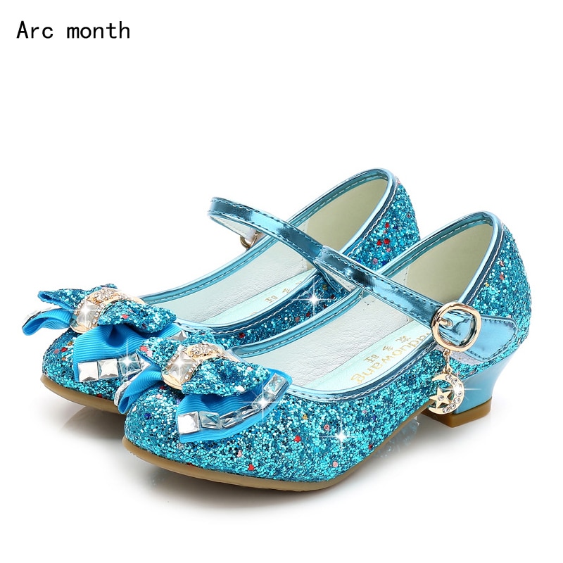 2021 Princess Kids Leather Shoes for Girls Flower Casual Glitter Children High Heel Girls Shoes Butterfly Knot Blue Pink Silver