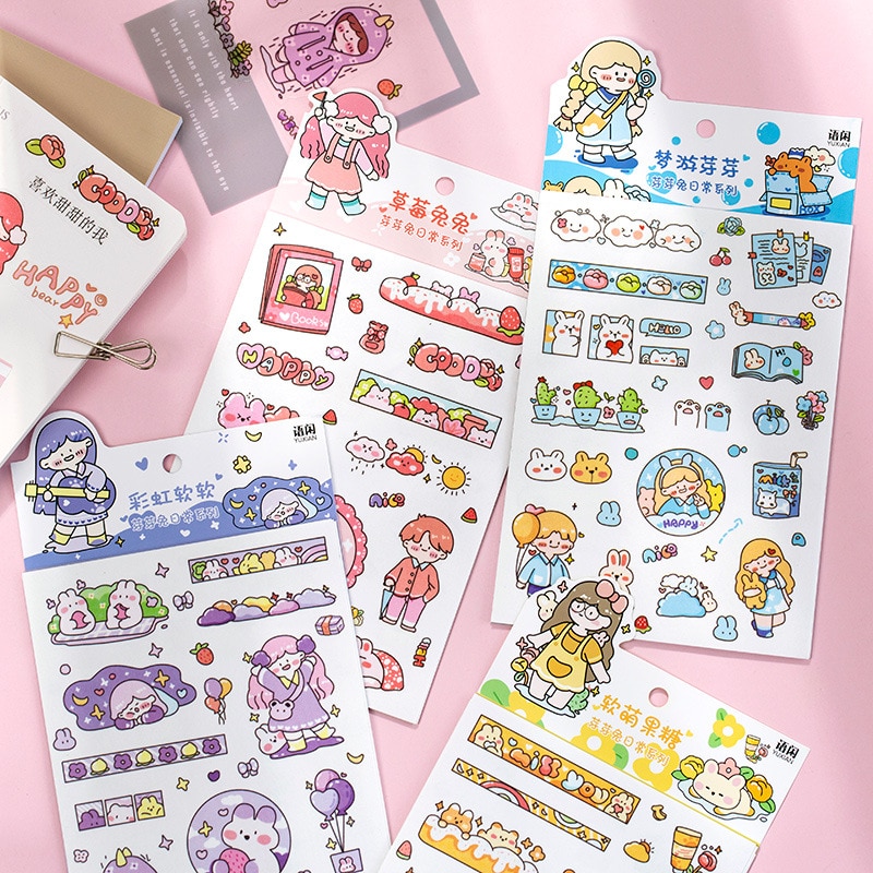 Mohamm 6Sheets Cute Rabbit Decorative Sticker Books Scrapbooking DIY Note Paper and PVC Sticker Flakes Stationary Office Accesso