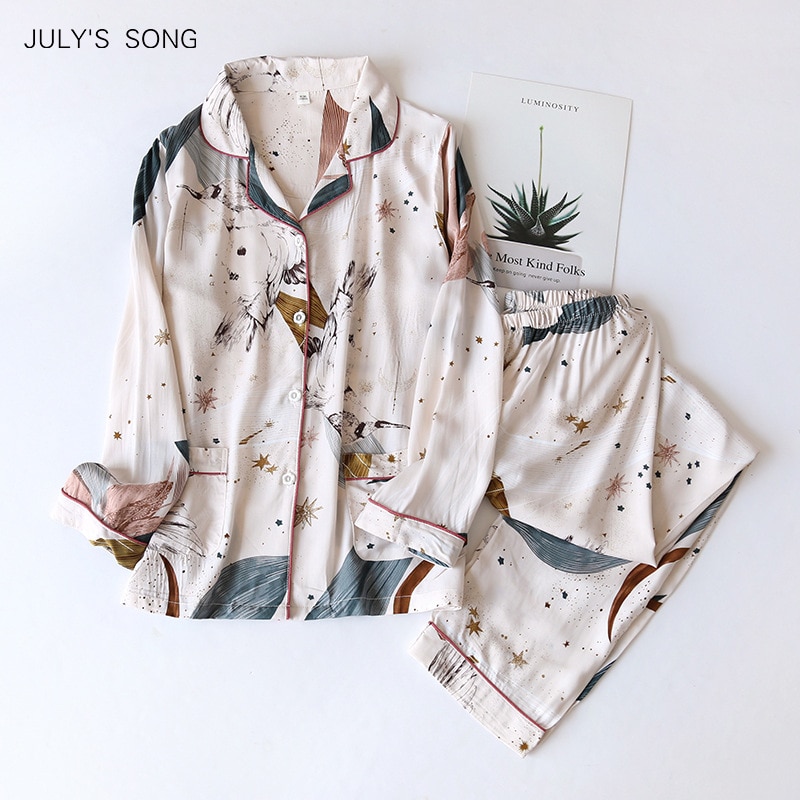 JULY'S SONG 100% Viscose Women Pajamas Casual Long Sleeve Sleepwear Pajamas Set Printed Pockets Summer Cool Pyjama Suit Fem
