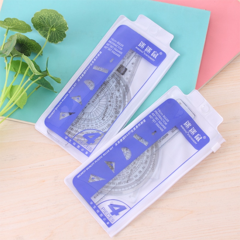 4 Pcs/set Plastic Straight Ruler Protractor School Math Geometry Drafting Tools Kawaii Accessories for Student Office Supplies