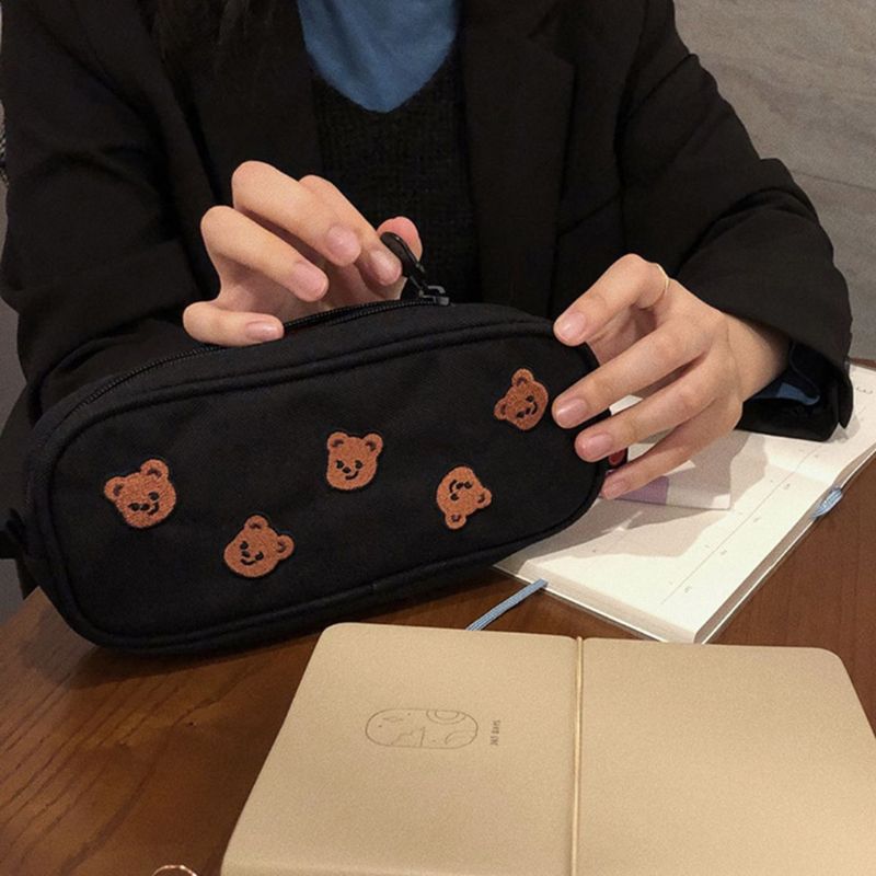 Kawaii Bear Embroidery Canvas Pencil Bag Pen Case Kids Gift Cosmetic Stationery Pouch School Office Supplies C26