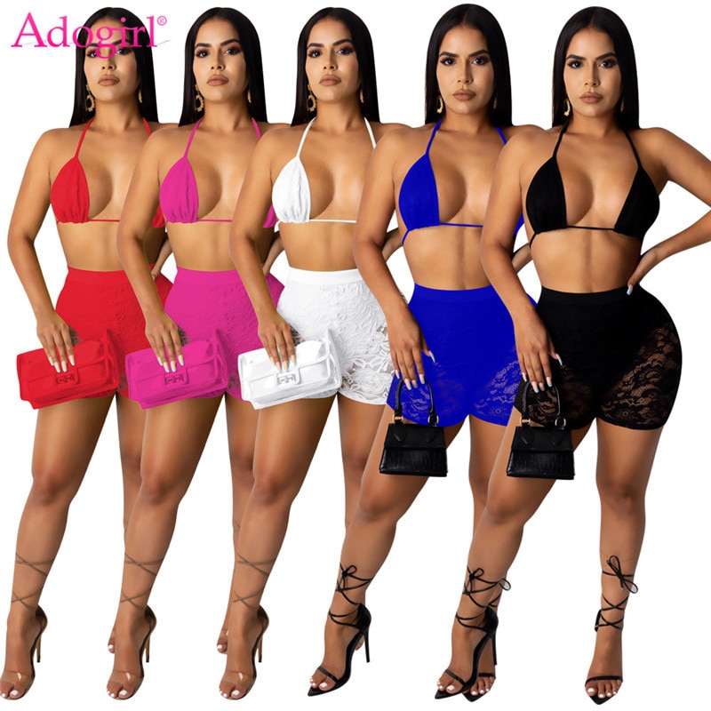 Adogirl 2020 Summer Lace Two Piece Set Women Sexy Bra Top Shorts Beach Swimwear Fashion Bathing Suit Swimsuit Nightclub Suit
