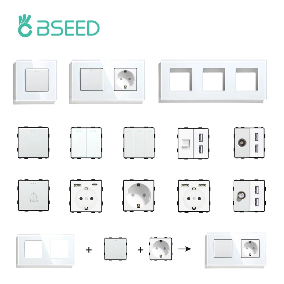 BSEED Wall Light Switches Glass Panel Parts White USB Sockets Function Parts DIY EU CAT5 TV Sockets Power Outlet Parts