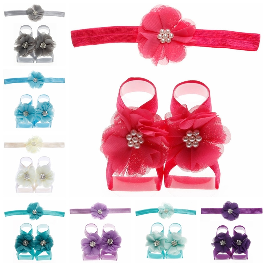 Cute 3pcs/set Newborn Toddler Chiffon Artifical Flower Barefoot Sandal with Elastic Headband Baby Kids Children Photo Props Gift