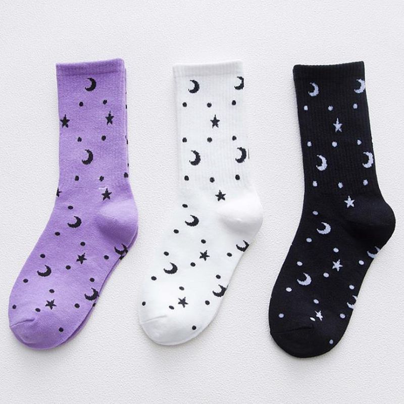 Shiny Women's Socks, White, Purple, Black Constellation Socks Lovely Star Moon Creative Fashion Street Skateboarding Socks