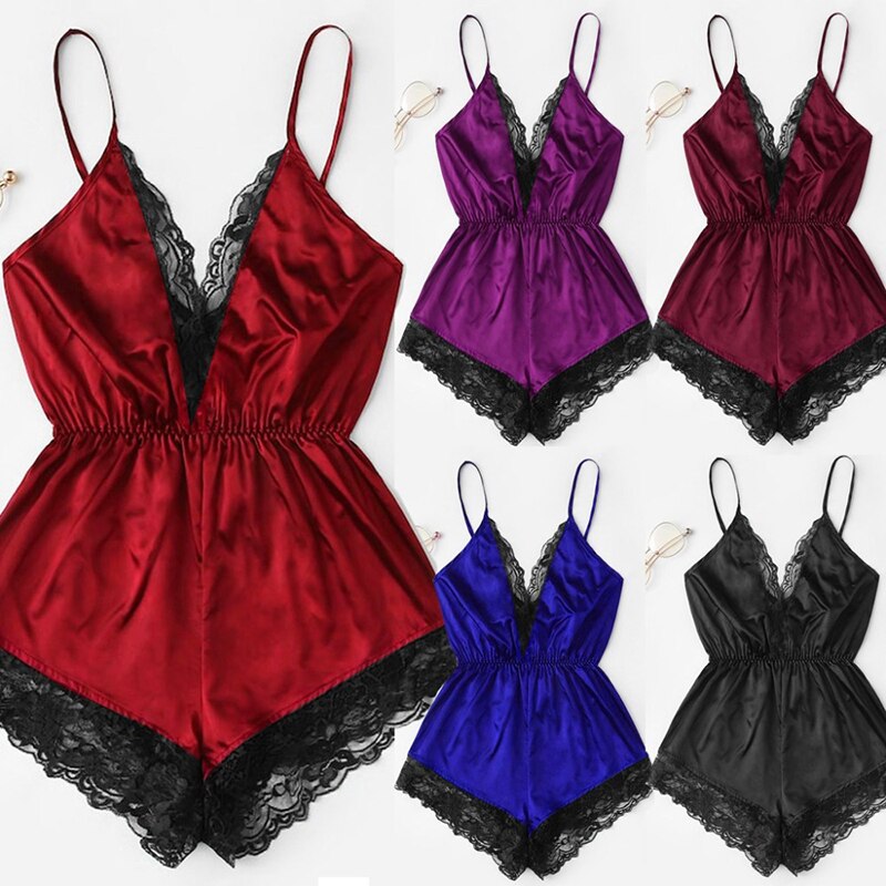 Women Summer Sexy Lingerie Girl V Neck Pijamas Lace Splice Bodysuit Sleepwear