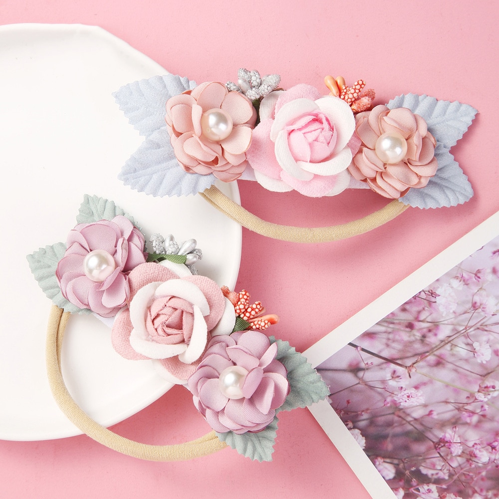 Baby Headband Artificial Flower Newborn Photo Props Pearl Girls Hair Accessories For Infant Thin Nylon Hairband Soft Head Bands