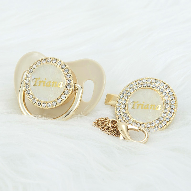 MIYOCAR custom gold pearl new color bling pacifier and pacifier clip BPA free dummy bling unique gift baby shower PS-1