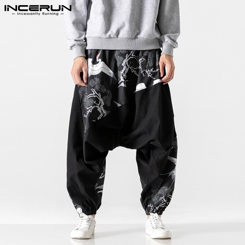 Men Harem Pants Fashion Printed Patchwork Trousers Man Floral Elastic Waist Joggers Casual Loose Drop Crotch Pantalones INCERUN