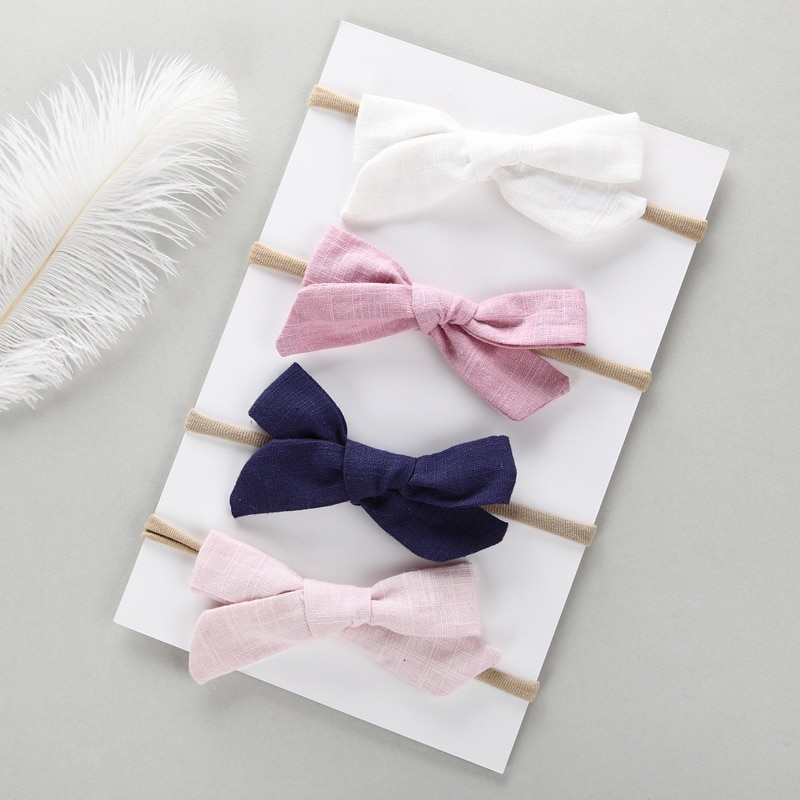 4 pcs/lot Hand Tied Cotton Linen Hair Bow Nylon headband School Girl Bow Nylon Headbands Baby Girl Hair Accessories Shower Gifts