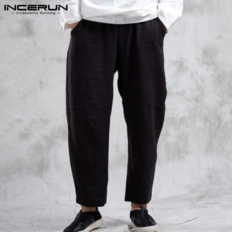 INCERUN Vintage Elastic Waist Pants Streetwear Mens Leisure Pants Solid Color Baggy Trousers Loose Breathable Cotton Pantalonges