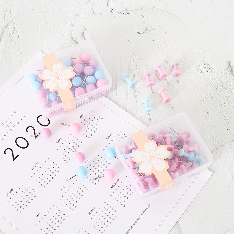 50pcs/box candy color round head thumbtack, rust-proof metal pin, wholesale fine office supplies, stationery