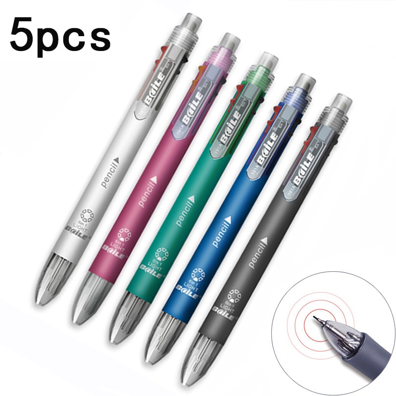 5pcs/lot 6 in 1 Multifunction Pen with 0.7mm 5 colors Ballpoint pen refill and 0.5mm mechanical pencil lead Set Multicolor Pen