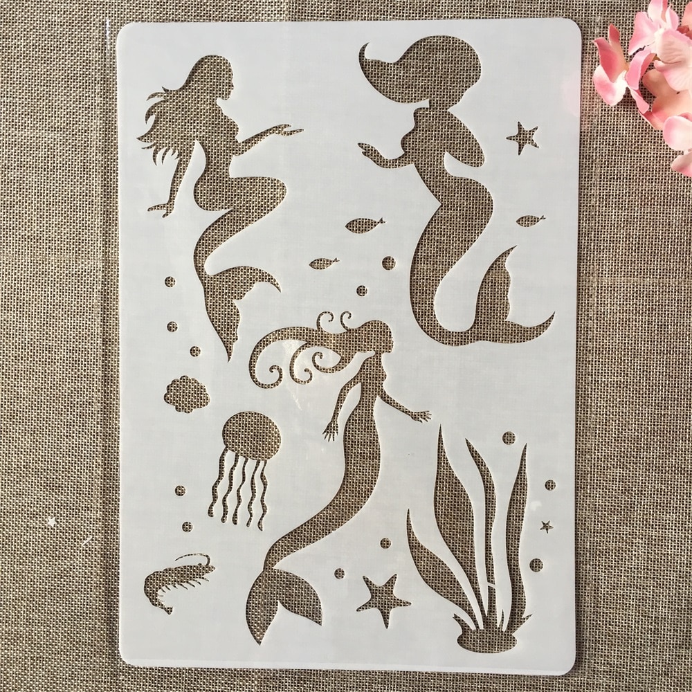 1Pcs A4 29cm Mermaid Marine DIY Layering Stencils Wall Painting Scrapbook Coloring Embossing Album Decorative Template