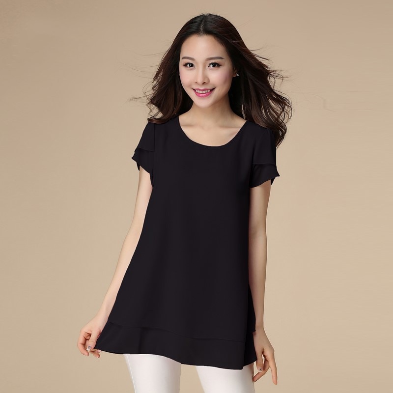 2022 Women Casual Loose Shirts Two Layer Chiffon Blusas Solid Tops Short Sleeve Office Elegant Ladies Blouse -
