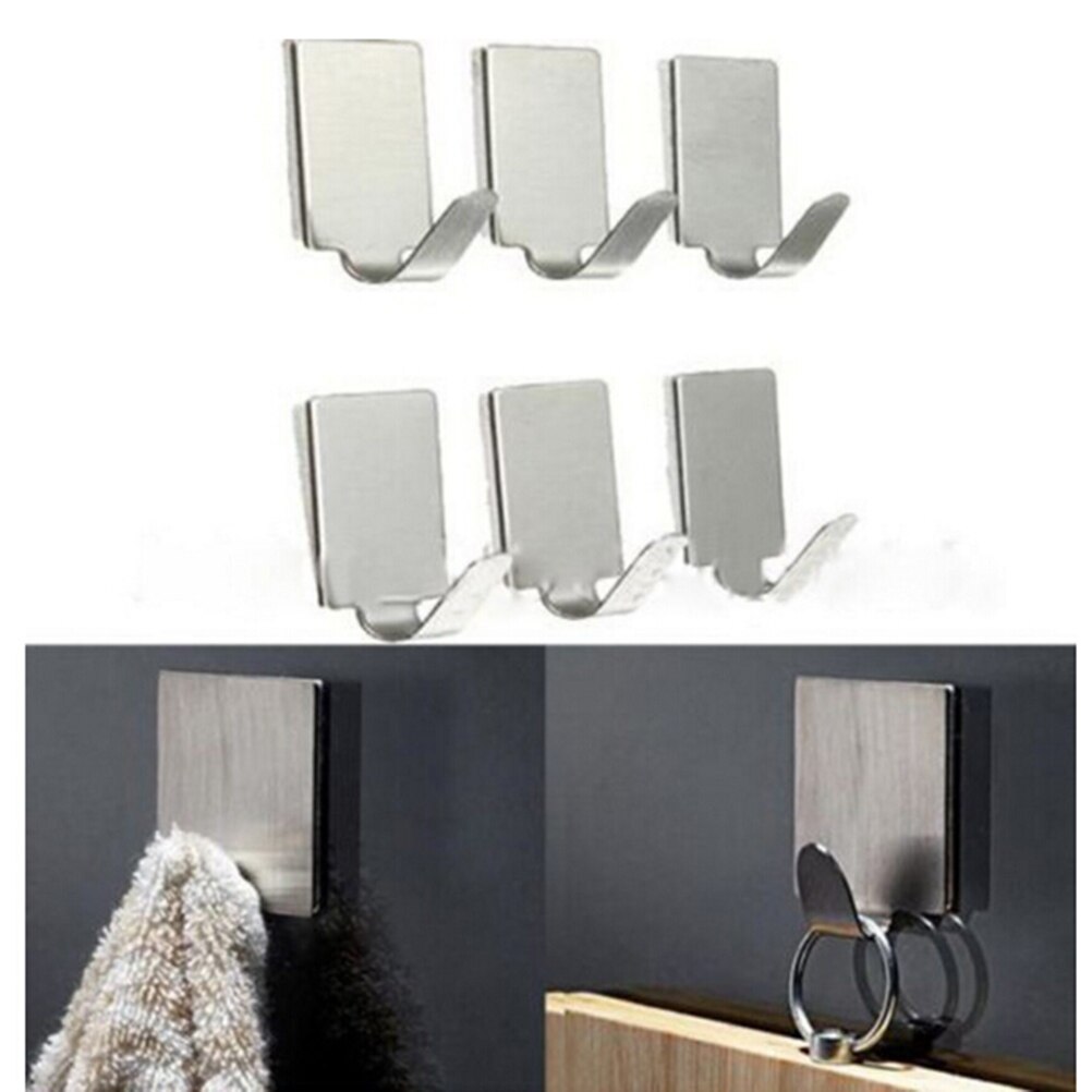 6Pc/Lot Stainless Steel Family Robe Hanging Hooks Hats Bag Key Adhesive Wall Hanger for Bathroom Kitchen