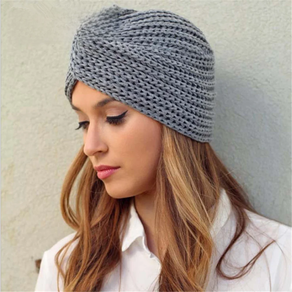 Women's Knitted Turban Hat Bohemia Cashmere Cross Wrap Head Lndian  Wool   Bonnet Turbante Cap