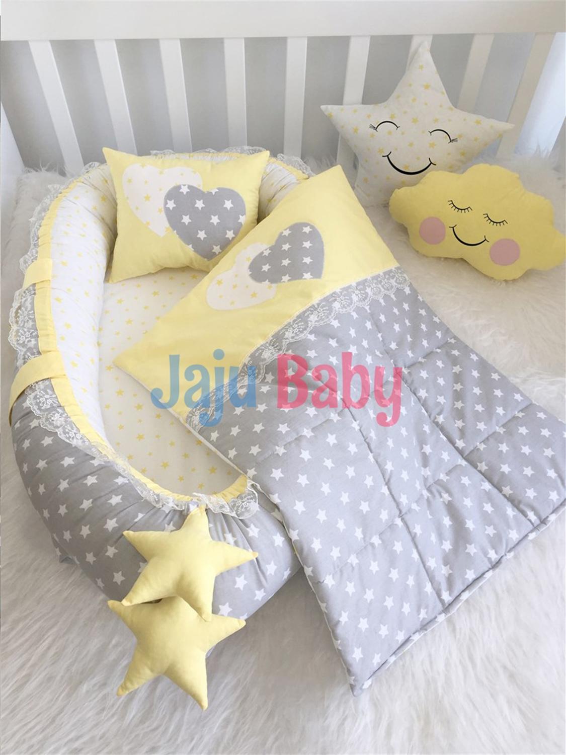 Jaju Baby Handmade Gray Star and Yellow Combined Luxury Orthopedic Babynest 5 Pieces Set Baby Bed, Mother's Side Portable B