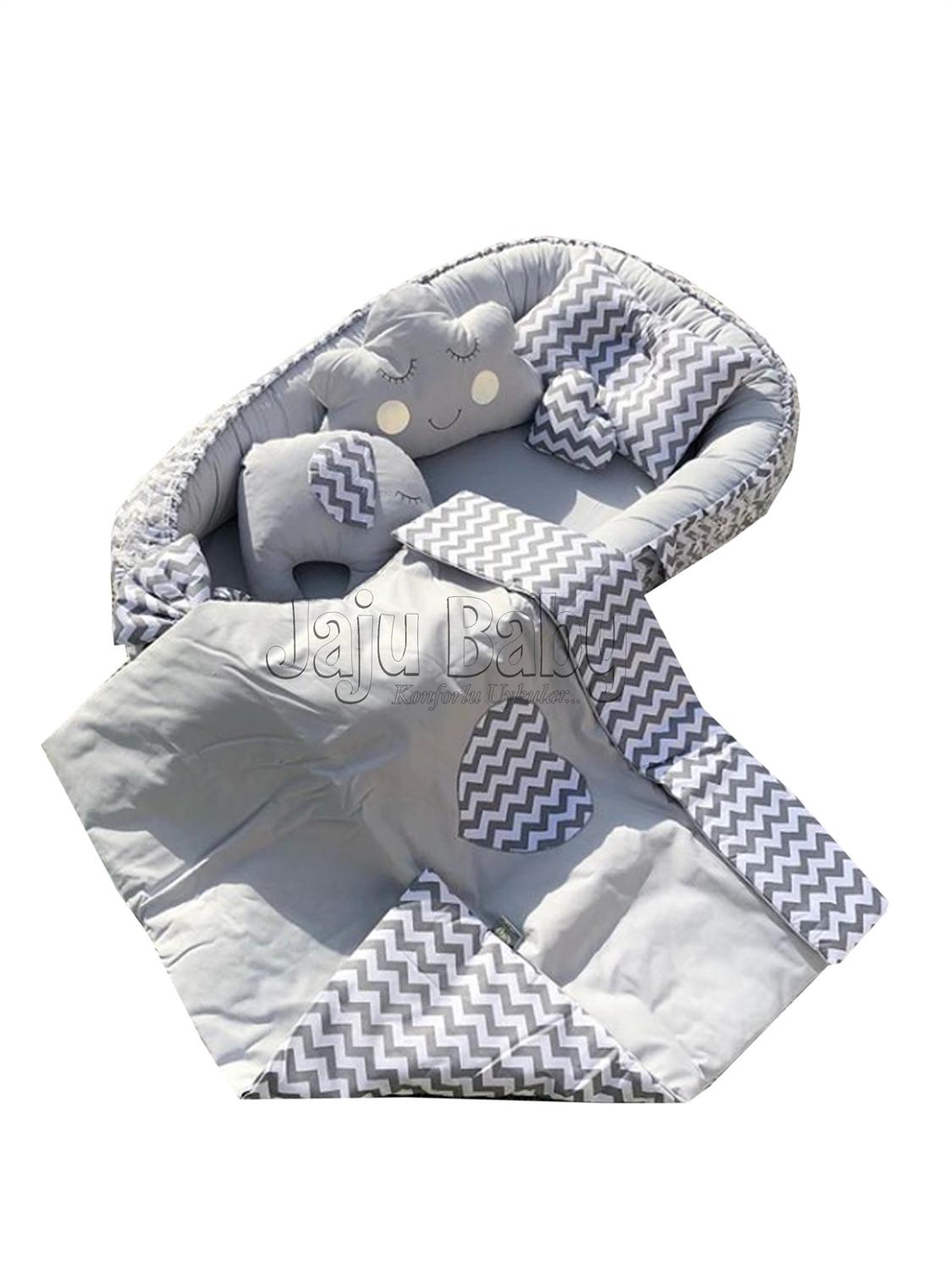 Jaju Baby Handmade Gray Zigzag Design Combined Babynest Luxury Orthopedic Babynest Set Baby Bed Mother's Side Portable Baby