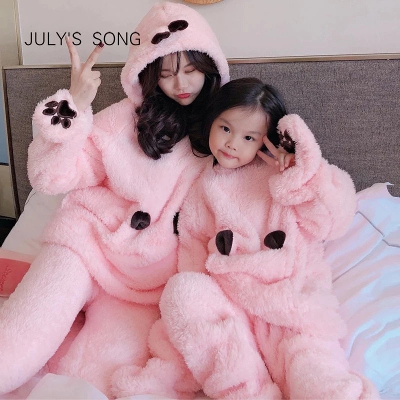 JULY'S SONG Flannel Cartoon Women Pajamas Set Autumn Winter Thick Warm Boy Coral Fleece Parent-child Sleepwear Homewear