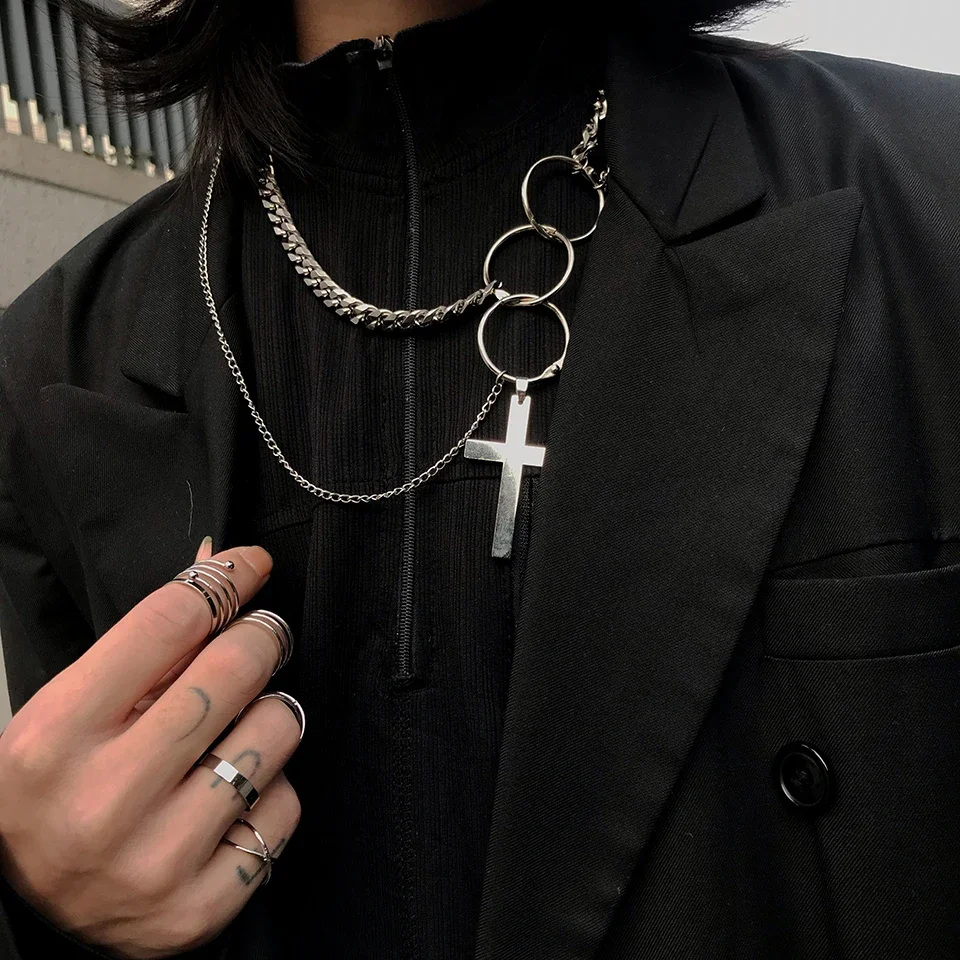 New Harajuku Punk Cool Hiphop Double Layer Metal Round Circle Chain Link Cross Pendant Necklace for