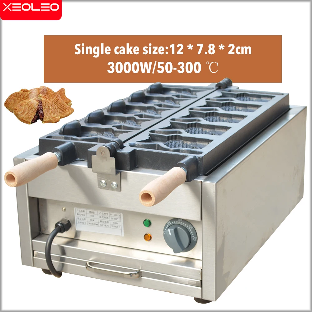 XEOLEO 3000W Taiyaki Machine Open Mouth Fish Waffle Maker Ice Cream Taiyaki  Maker 5 Pcs Fish Cake