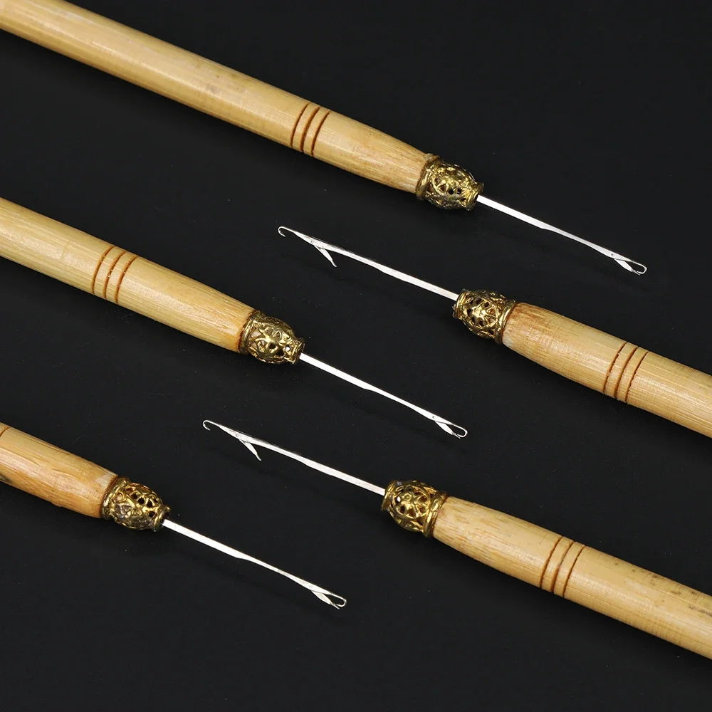 5Pcs Hair Extensions Threader Wooden Handle Hook Loop Needle for Micro Nano Ring Beads Cold Fusion