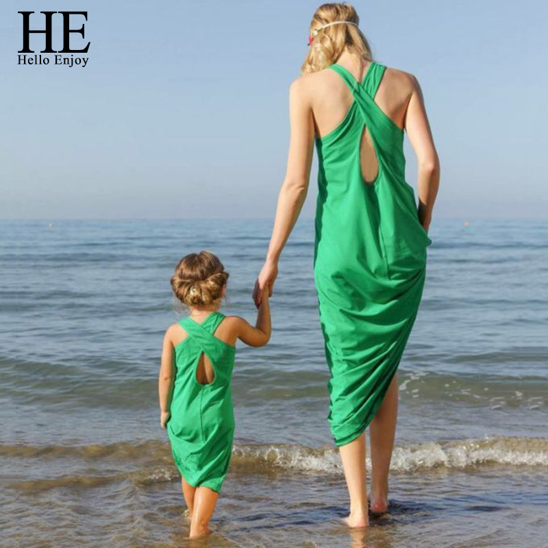 HE Hello Enjoy Mother Daughter Dresses New 2019 Summer Sleeveless Green Sandy Beach Dress Girl And Mother dress Family Matching