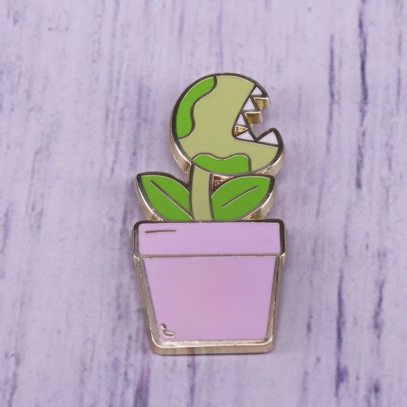 Little Shop Of Horrors lapel pin Feed Me Seymour enamel brooch Green plants in pink Flowerpot Badge