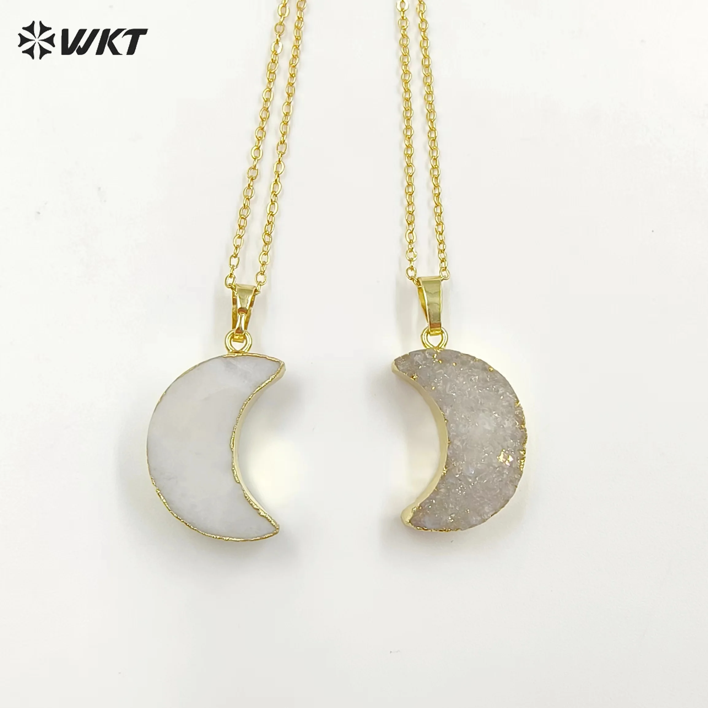 WT-N541 Hot Sale Half Moon Shape For Women Natural Druzy Agate With Gold Plated Necklace Fashion