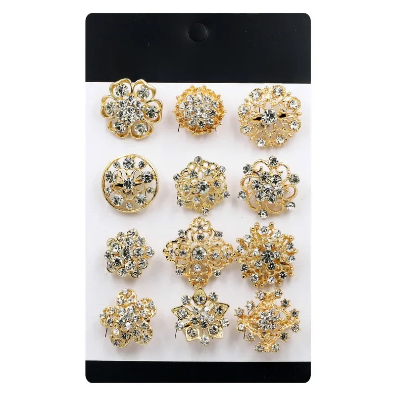 Set of 12 PCS Crystal Rhinestones Small Bejeweled Flower Alloy Pins DIY Wedding Bouquets Brooches