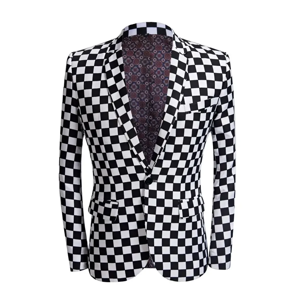 Men's Black And White Checkered Printed Suit Men Slim Fit  Suit Set Blazers Singer Costume Mariage