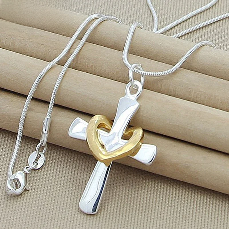 DOTEFFIL 925 Sterling Silver 18 Inch Snake Chain Cross Heart Pendant Necklace  For Woman Wedding Engagement Party Charm Jewelry