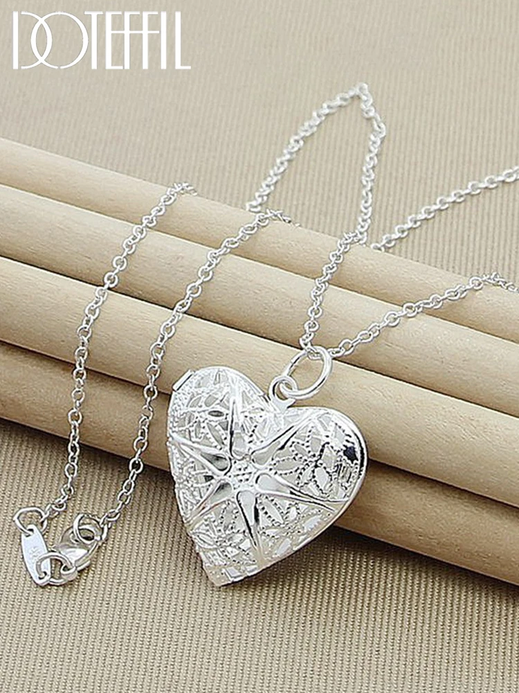 DOTEFFIL 925 Sterling Silver Heart Photo Frame Pendant Necklace 18-30 inch Chain For Woman Man